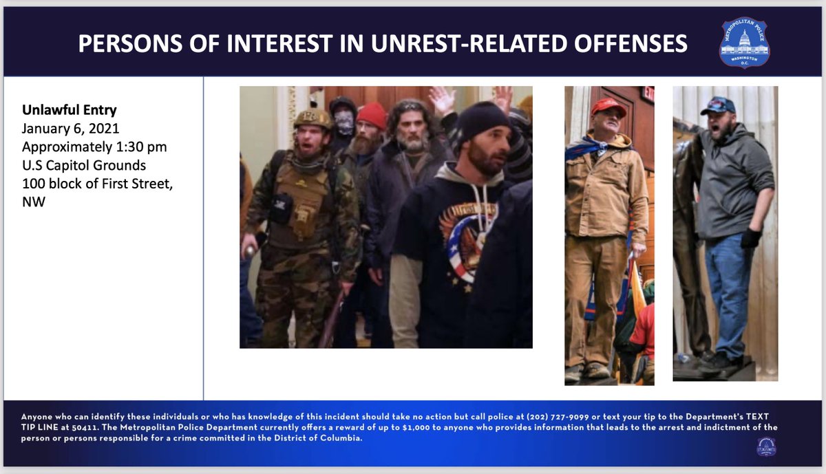  #PHOTO: PERSONS OF INTEREST 7 of 26 #Washington,  #DC Metro  #Police Department seeks  #info on  #POI in Unrest-Related Offenses on 6 January 2021 @ US  #Capitol GroundsLet  #Law &  #Justice prevail!If you have info to share, call  @DCPoliceDept 202-727-9099 or TEXT TIP LINE @ 50411