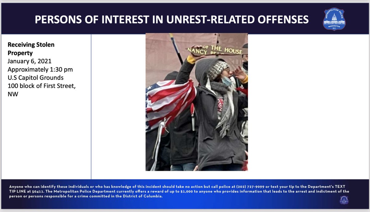  #PHOTO: PERSONS OF INTEREST 18 of 26 #Washington,  #DC Metro  #Police Department seeks  #info on  #POI in Unrest-Related Offenses on 6 January 2021 @ US  #Capitol GroundsLet  #Law &  #Justice prevail!If you have info to share call  @DCPoliceDept 202-727-9099 or TEXT TIP LINE @ 50411