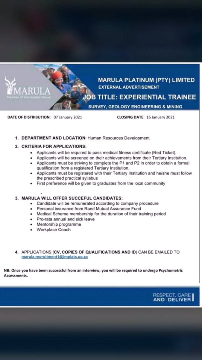 GeoVin_FS's tweet photo. Impala Platinum at Marula Mine is offering Experiential Training for the mentioned fields below 😎

1. Survey
2. Geology
3. Mining Engineering
4. Electrical &amp; Mechanical Engineering

Closing Date: January 16th. https://t.co/sFbcsmglVS