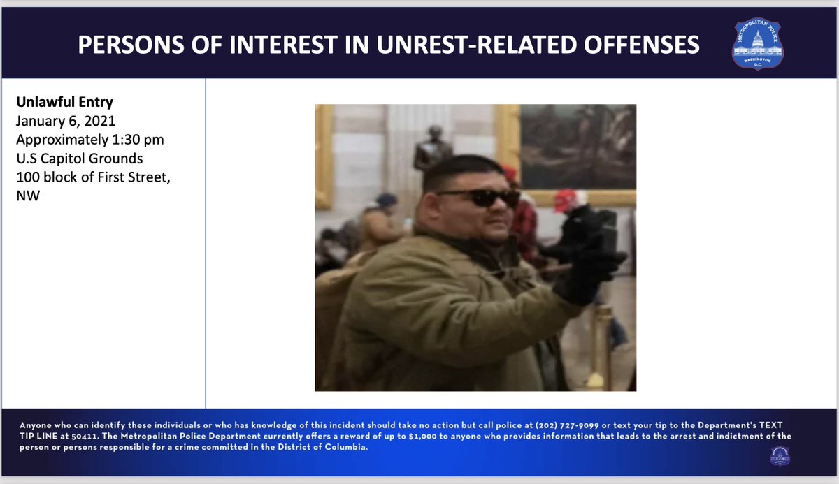  #PHOTO: PERSONS OF INTEREST 21 of 26 #Washington,  #DC Metro  #Police Department seeks  #info on  #POI in Unrest-Related Offenses on 6 January 2021 @ US  #Capitol GroundsLet  #Law &  #Justice prevail!If you have info to share call  @DCPoliceDept 202-727-9099 or TEXT TIP LINE @ 50411