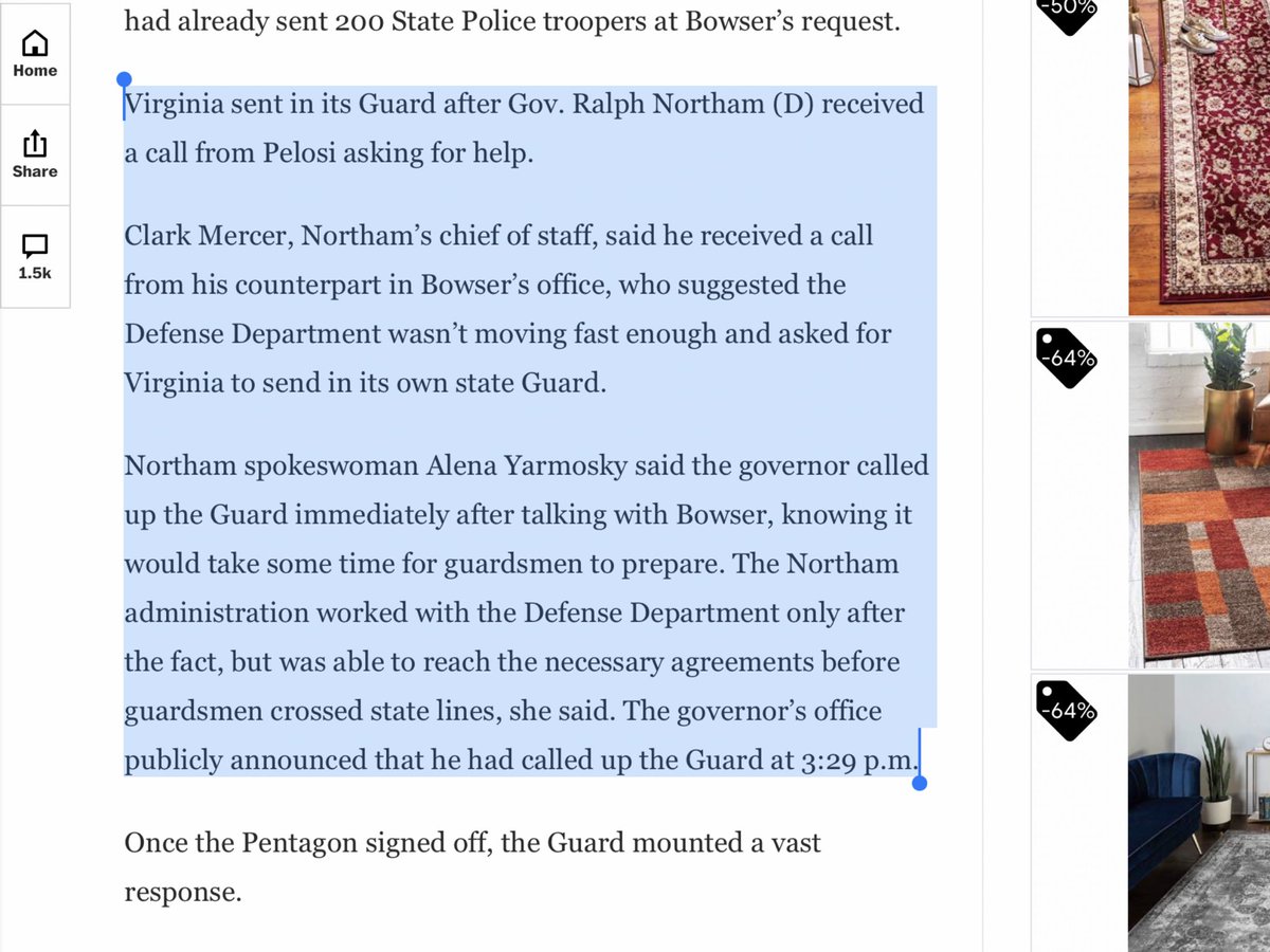 Virginia sent in its Guard after Gov. Northam received a call from Pelosi asking for help. Northam’s CoS said he received a call from his counterpart in Bowser’s office, who suggested the Defense Dept *wasn’t moving fast enough* &asked Virginia to send in its state Guard.