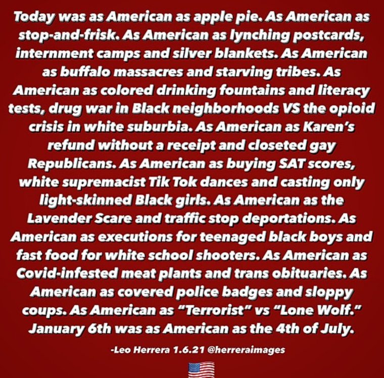 Benjinuh's tweet photo. No more speeches about "this isn't who we are" when this violent behavior is baked into the DNA of this country and every black/brown/indigenous/queer/femme/trans/disabled/marginalized person has been screaming from the rooftops for decades. This is who we are. Own it. Do work. https://t.co/qSdEltOPcC