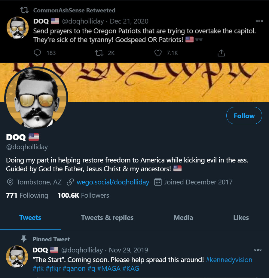 The revolutionary idea and sheer possibility of storming the Capitol was also fueled by members of the Far Right breaking into the Oregon Capitol only weeks prior. Babbitt retweeted the big Q account DOQ praising “patriots” at the Oregon Capitol. She's previously retweeted DOQ.