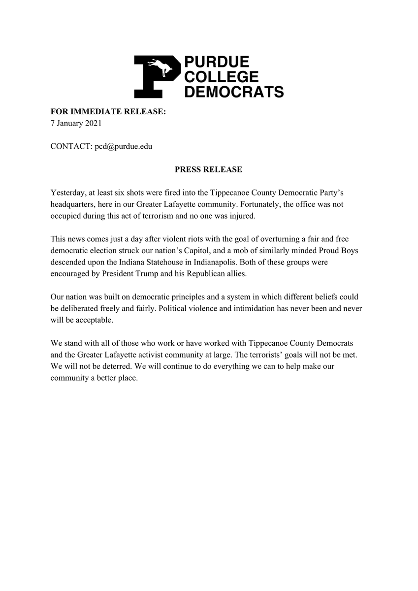 purduedemocrats's tweet photo. Press Release regarding the recent attack on the Tippecanoe County Democratic Party's headquarters: https://t.co/38qGtyXC9S