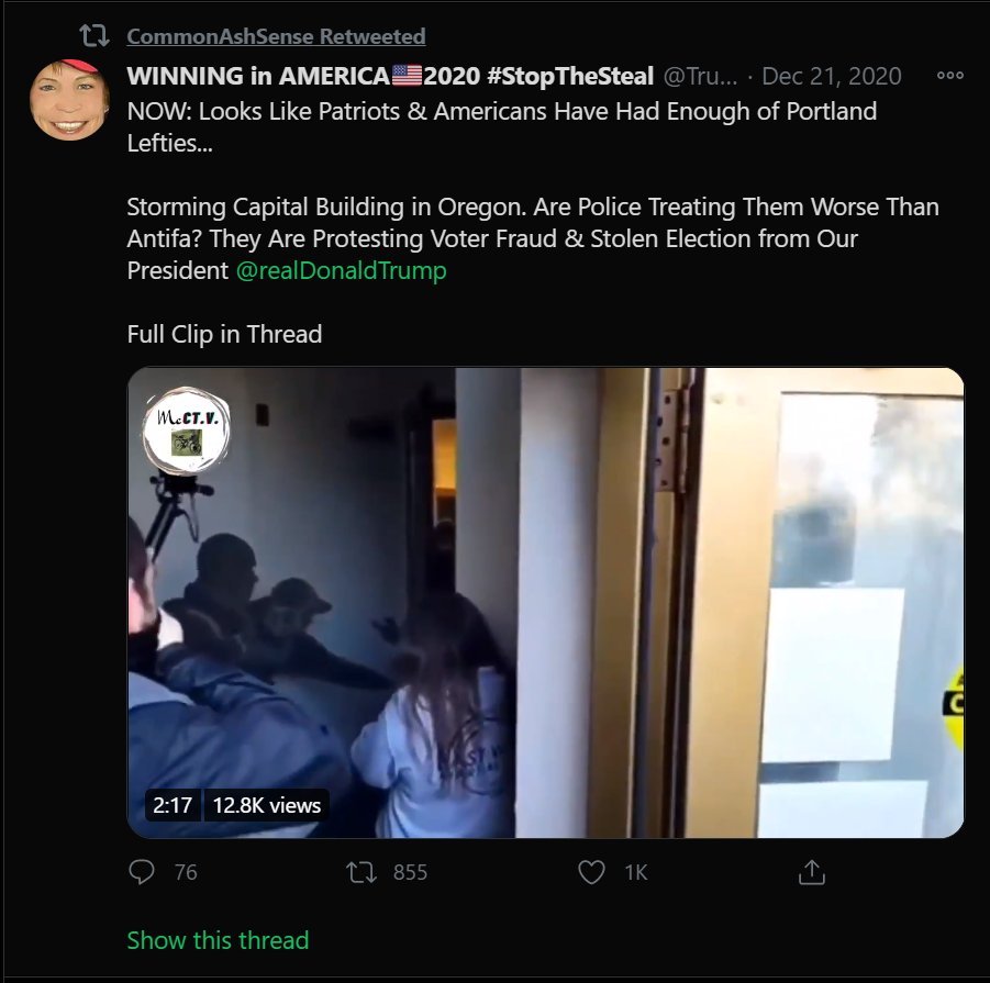 The revolutionary idea and sheer possibility of storming the Capitol was also fueled by members of the Far Right breaking into the Oregon Capitol only weeks prior. Babbitt retweeted the big Q account DOQ praising “patriots” at the Oregon Capitol. She's previously retweeted DOQ.