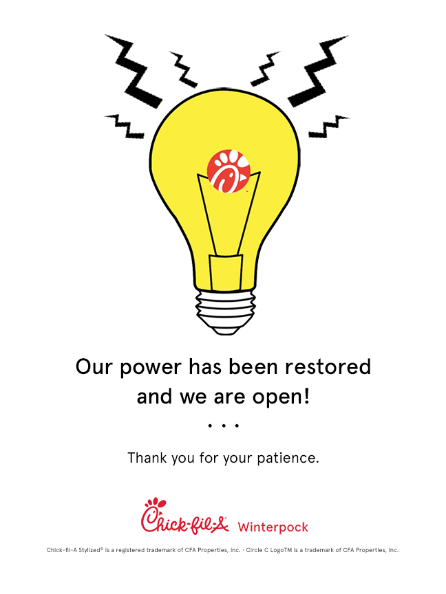 We got the power! We'll be back in business tomorrow morning — serving breakfast at 7:00am!