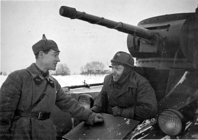 Soviet troops in early hats. The tanker 