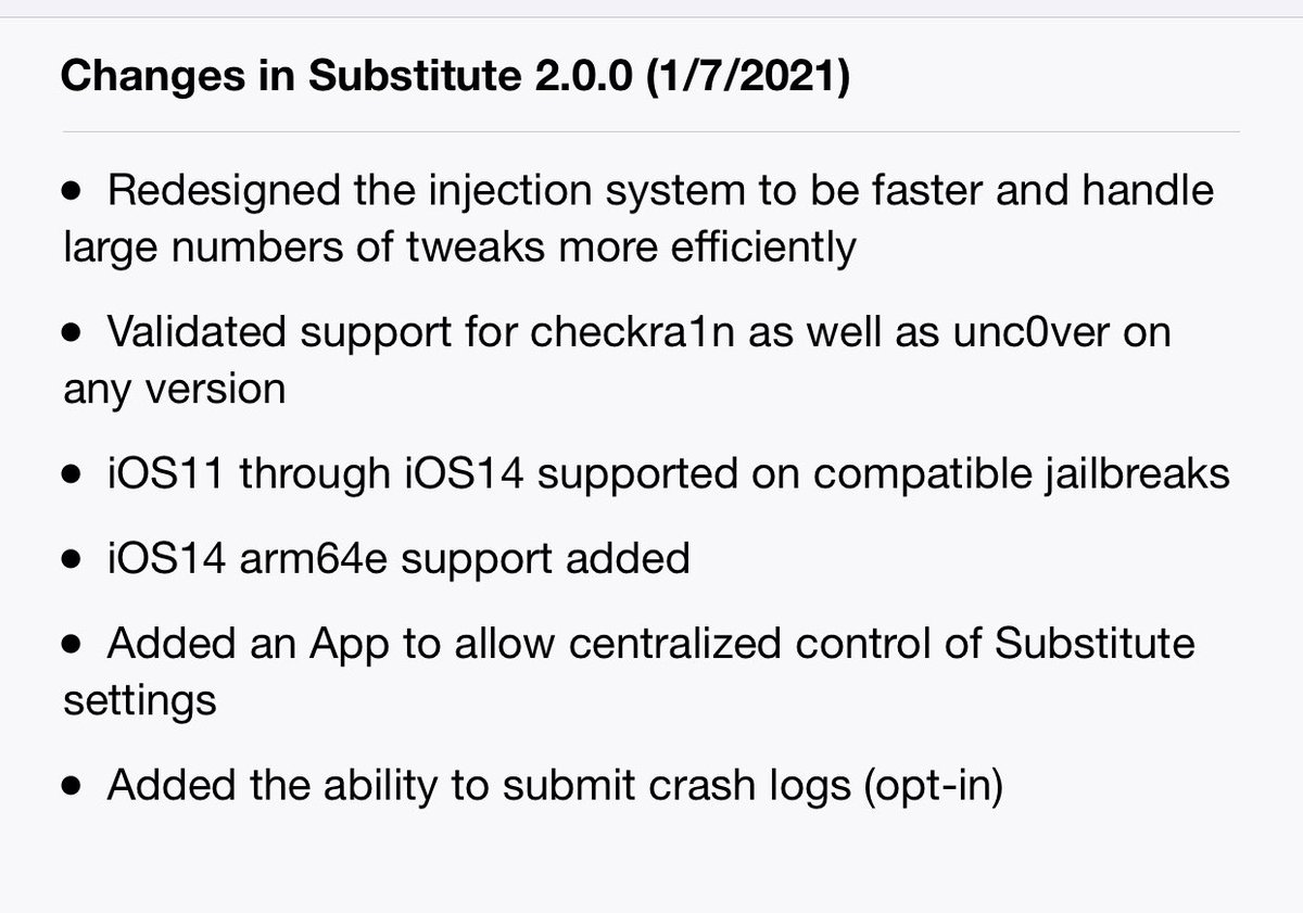PwnedC99's tweet photo. Substitute got updated and it includes arm64e on ios 14!
This might mean a jailbreak for all A12 chips and up might be ready and soon released https://t.co/vrk81HEKDh