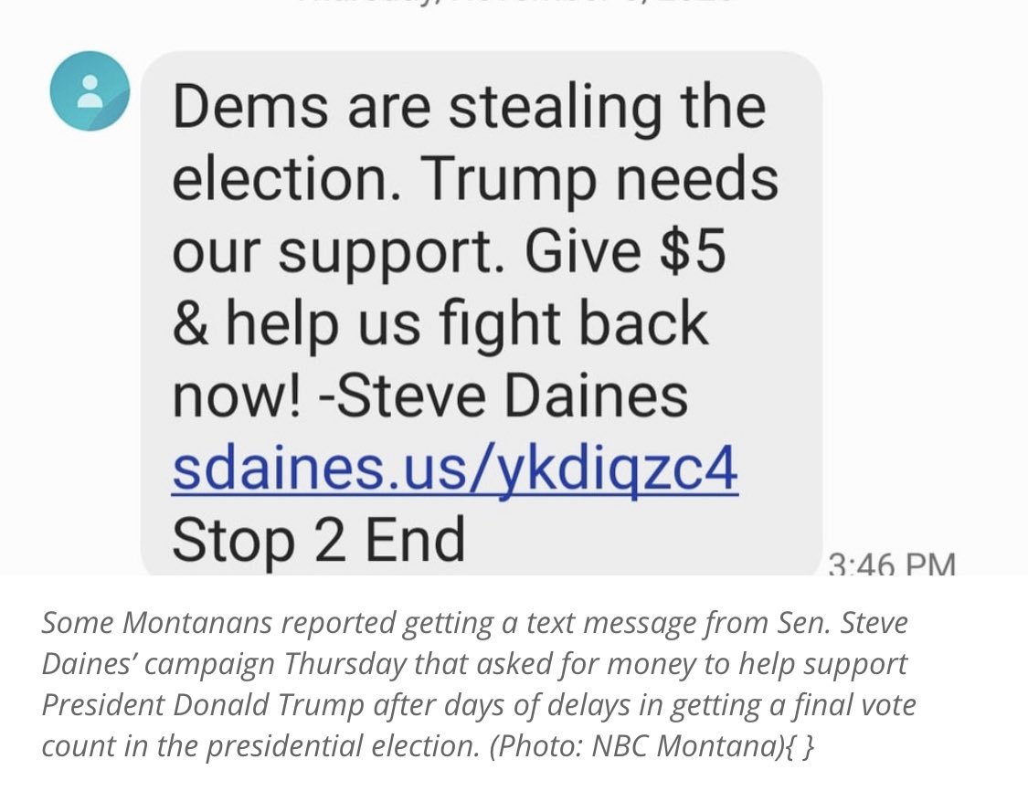 SoftHandsSteve's tweet photo. “You have never, Maritsa, ever heard me say this election was stolen, either in an interview, print, digital, TV, ever...” - @SteveDaines 

“Dems are stealing the election” - also @SteveDaines 

Your name is signed on the text message you soggy saltine cracker! https://t.co/8wMIRZOZ6d