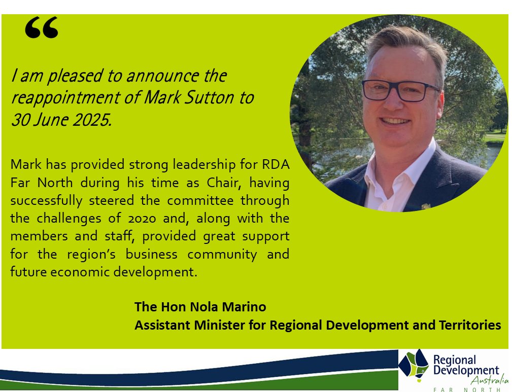 𝐂𝐡𝐚𝐢𝐫 𝐑𝐞𝐚𝐩𝐩𝐨𝐢𝐧𝐭𝐞𝐝 𝐔𝐧𝐭𝐢𝐥 𝟐𝟎𝟐𝟓
We are proud to announce the reappointment of Mark Sutton as Chair of the RDA Far North Board until 2025.  
Mark continues in the role after serving as Chair, Deputy Chair and a Board Member for a number of years.
