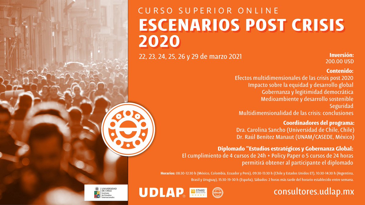 El 2° Curso del Diplomado de Estudios Estratégicos y Gobernanza Global 2021 <a href="/udlap/">UDLAP</a> es sobre Escenarios Post Crisis 2020 en coordinación con Instituto de Estudios Internacionales de la Universidad de Chile. bit.ly/3bkF6I3 <a href="/casede_org/">CASEDE</a> <a href="/RedMSostenible/">Red Mundo Sostenible</a>