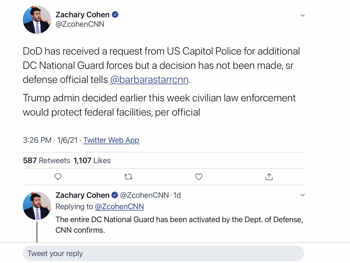 This from yesterday at 3:26pm, about 90 minutes after the violence erupted at the Capitol. DoD had received a request from Capitol Police for DC National Guard to come help, but “a decision has not been made.”  https://twitter.com/zcohencnn/status/1346916179076653065?s=21