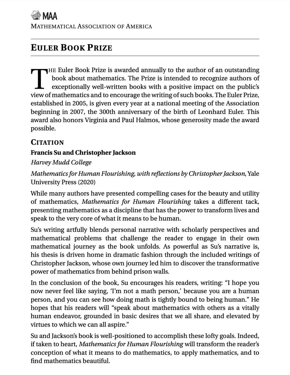 mathyawp's tweet image. I know there's a lot going on that's troubling right now, but here's a little ray of sun. Christopher Jackson and I were awarded the Euler Book Prize for @Math4HF at #JMM2021. Chris was especially thrilled. Here's the citation and our personal responses. Thanks @maanow