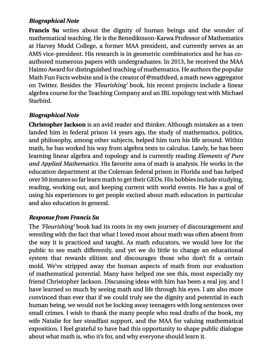 mathyawp's tweet image. I know there's a lot going on that's troubling right now, but here's a little ray of sun. Christopher Jackson and I were awarded the Euler Book Prize for @Math4HF at #JMM2021. Chris was especially thrilled. Here's the citation and our personal responses. Thanks @maanow