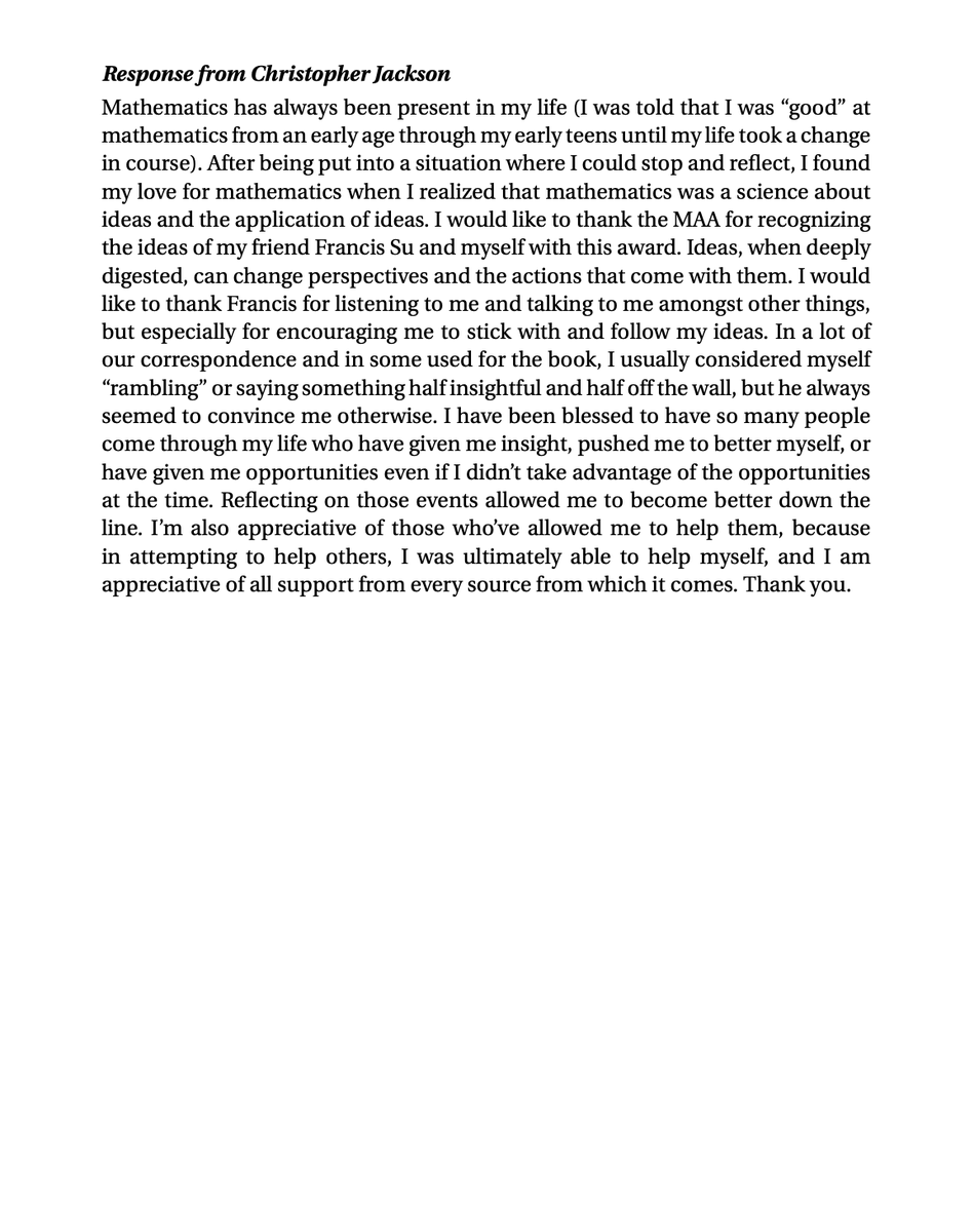mathyawp's tweet image. I know there's a lot going on that's troubling right now, but here's a little ray of sun. Christopher Jackson and I were awarded the Euler Book Prize for @Math4HF at #JMM2021. Chris was especially thrilled. Here's the citation and our personal responses. Thanks @maanow