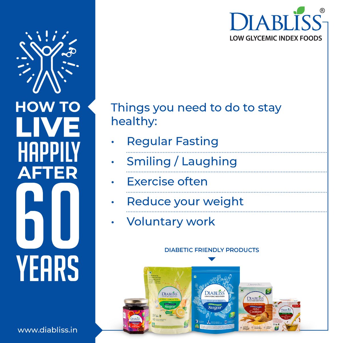 Diabliss_India's tweet photo. How to live happily after 60 years.
►Choose Health, Choose Diabliss!
Shop using: https://t.co/gng7LkHLDj
#Diablisscombo #Diablissfriendly #DiablissSugar #healthtips  #healthyfood #health #healthyliving #diabetesuk #diabetesawareness #diabetesdiet #diabetics #Diabetestype2 https://t.co/Uh7FKgvmas