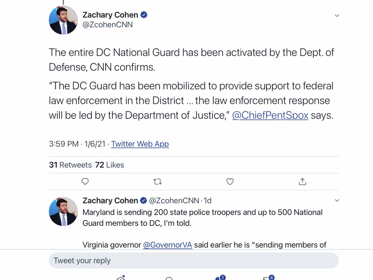 This from about 4pm yesterday, about two hours after the violence at the Capitol started, and 30 minutes after CNN reported that DoD had received the request for guard help but “a decision has not been made.”what took so long to agree,  @ChiefPentSpox ?  https://twitter.com/zcohencnn/status/1346924461069623296?s=21
