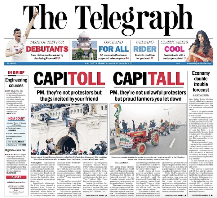 ttindia's tweet photo. PM, here's the difference between thugs incited by your friend, protesters, unlawful protesters, and farmers you let down | Economy double trouble forecast | And more...
#TheTelegraphFrontPage
Read the stories at https://t.co/UnH37Ds8aE https://t.co/UekxZS6BWA