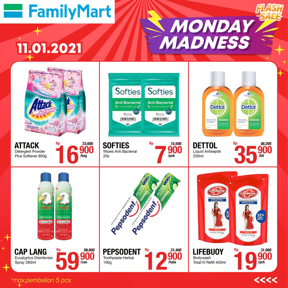 FamilyMart_ID's tweet photo. Tik..tok..tik..tok...Monday Madness 11.01.21 jam 08.00-19.00 WIB! Hanya 1 hari!...cuss ke Famima terdekat atau order via whatsapp buat dapetin produk favorit kamu.
#famima #promoflashsale https://t.co/k7csICISOO