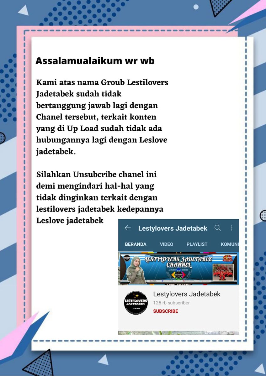 Untuk teman teman lestylovers seluruh indonesia maupun luar negri .. Minta tolong untuk UNSUBSCRIBE CHANNEL LESTILOVERS JADETABEK karena channel itu sudah di claim oleh orang yang tidak bertanggung jawab..
Dan kita akan buat channel Youtube baru .. Terimakasih 🙏🙏🙏