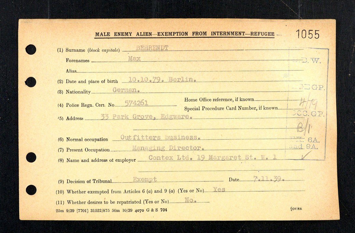 Left is Max (my great grandfather’s) birth record. Right is Walter’s (Max’s brother, my great grand-uncle).Max got to England before things got bad. (Likewise, my grandmother and great grandmother managed to get to America.) This is Max’s exemption from internment refugee card.