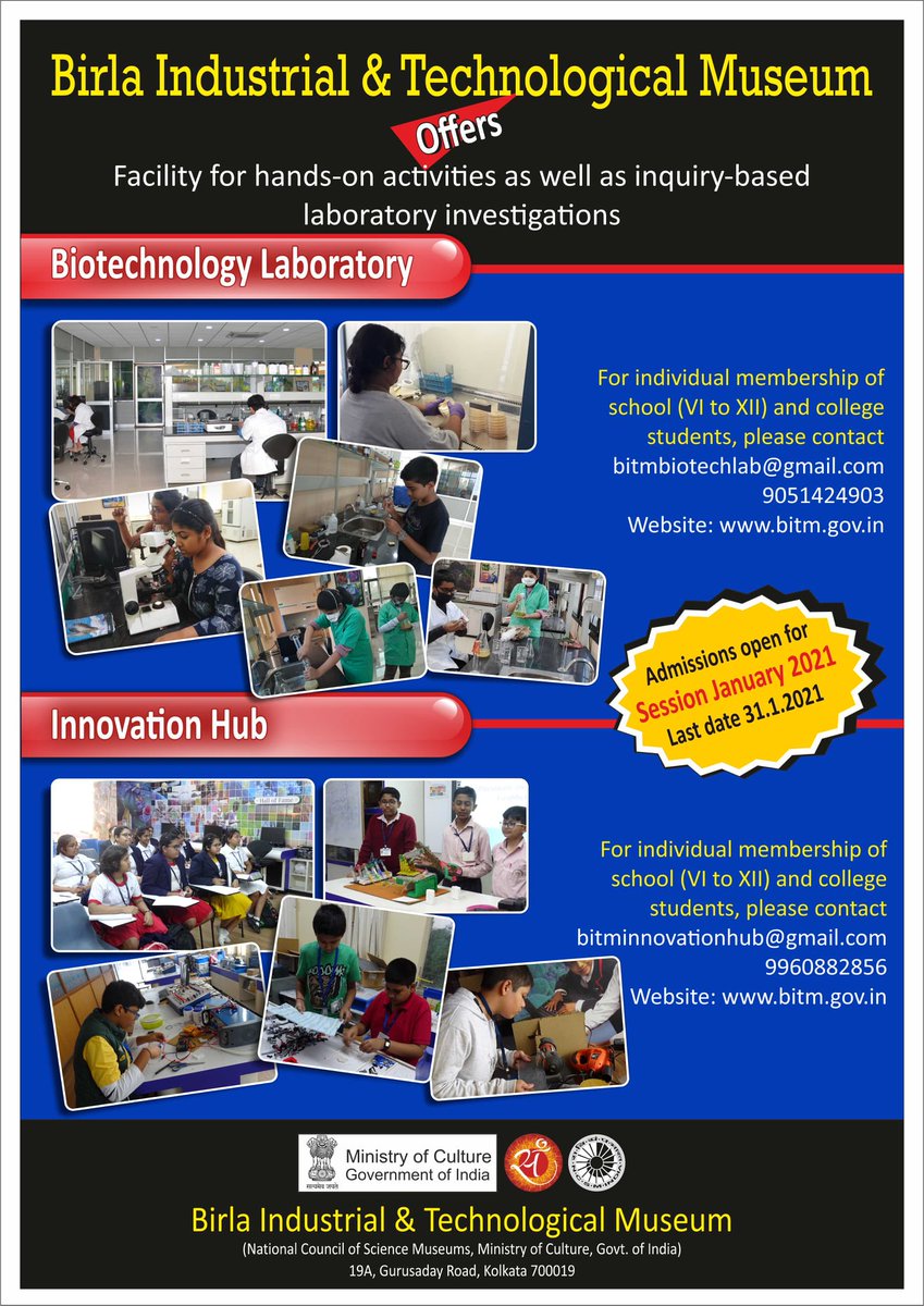 ncsmgoi's tweet image. Offers: Get Facility for hands-on activities as well as inquiry-based laboratory investigations from @BITMKolkata  
 a unit of @National, @MinOfCultureGoI  
Admission open, Last Date 31/1/2021
Register soon: docs.google.com/.../1FAIpQLSeH…
#januaryoffer #biotechnologylab #innovationhub