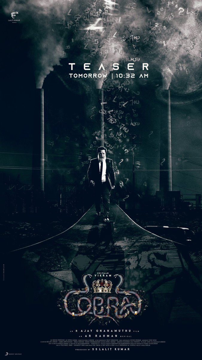 7screenstudio's tweet photo. 1️⃣0️⃣:3️⃣2️⃣ - TOMORROW !! 

#CobraTeaser from 10.32 AM Tomorrow @SonyMusicSouth

#Cobra #ChiyaanVikram @AjayGnanamuthu @Lalit_SevenScr
@arrahman @IrfanPathan @SrinidhiShetty7 @dop_harish @theedittable @roshanmathew22 @proyuvraaj https://t.co/KxtjD8QqTW