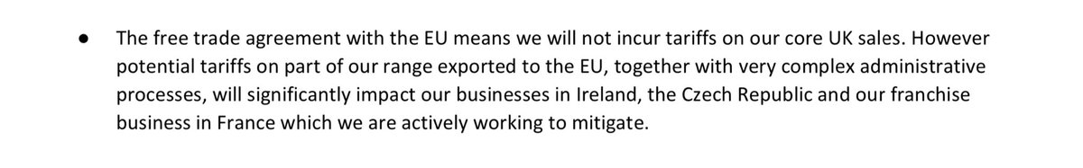 New: M&S although helpful tariffs not incurred on core UK sales, there are potential tariffs now on re-exports to RoI, France and Czech.- a third of product in food business now subject to v complex rule of origin arrangements- example of Percy Pigs, made in Ger, reexported