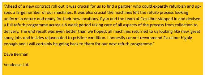 ExcaliburRefurb's tweet photo. Delighted to receive such a glowing testimonial from our valued customer @vendease.

Get in touch to see if we could help with your refurbishment requirements!

#vending #refurb #testimonial https://t.co/HollcaFmus