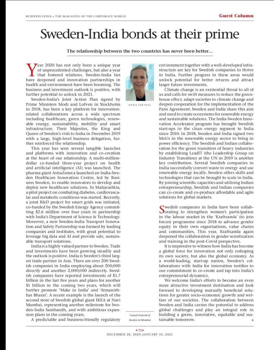 #swedenindiasambandh has deepened in 2020 & innovation partnerships in health & environment are booming making the outlook positive. CG 
@annalekvall gives an overview of 2020 & what's in store for 2021 in #businessindia magazine
#swedeninmumbai #swedenindia #sweden #india #trade