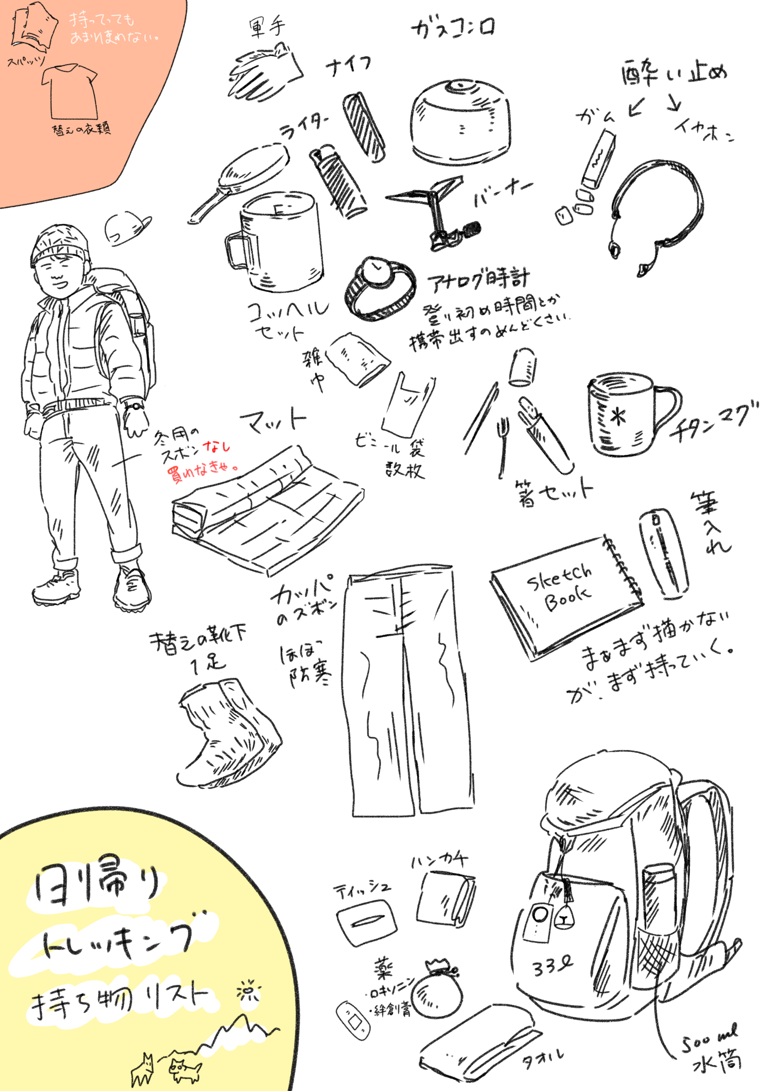 みち 農山村画 けっこう忘れ物するので持ち物イラストでチェック 登山 アウトドア トレッキング イラスト Illustrations T Co Uh36oancbg Twitter