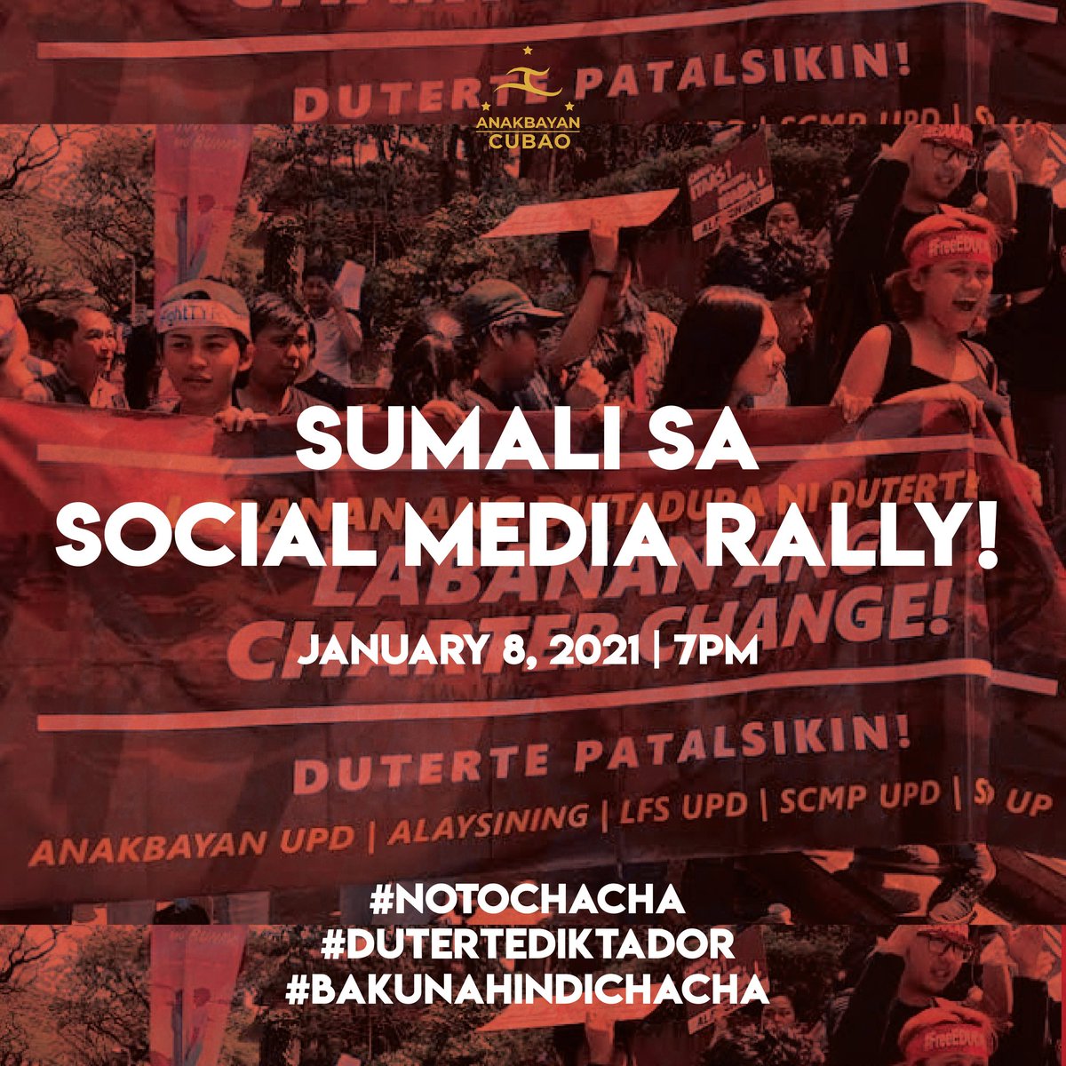 Lumahok sa social media rally upang biguin ang diktador na si Duterte at tutulan ang ChaCha.

January 8 | 7PM

#NoToChaCha 
#BakunaHindiChaCha 
#DuterteDiktador