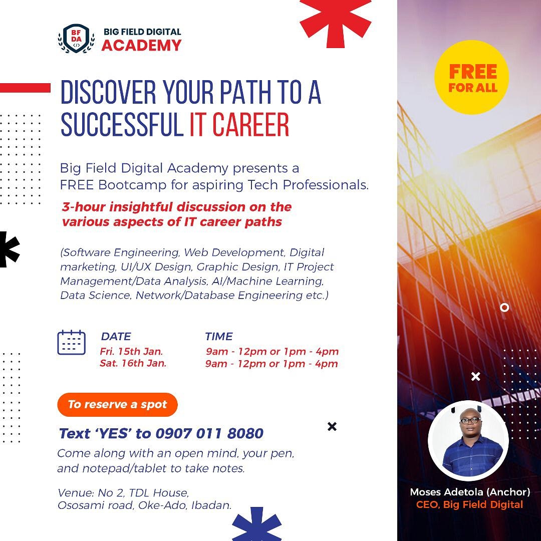 bigfieldacademy's tweet photo. Do you know anyone who would like to kick-start an IT career?
Prompt them to attend our FREE Bootcamp to help them gain insights for making a perfect decision on which IT career path is right for them.
#bfd #bigfielddigital #digitalagency #bigfielddigitalacadem #itcareer https://t.co/eSAQDb4BxP