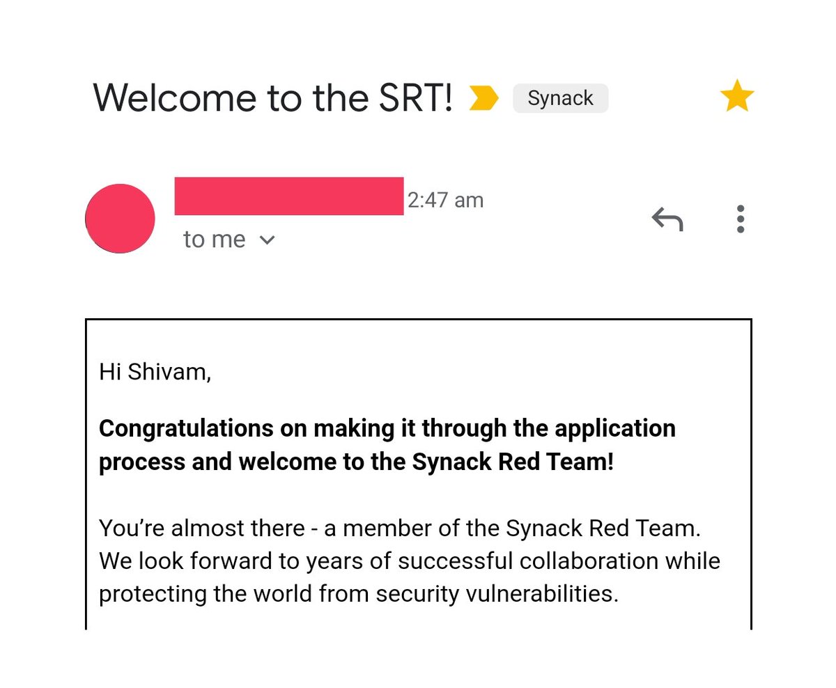 sechunt3r's tweet photo. I'm glad that I've become a part of Synack Red Team @synack @SynackRedTeam 

Thanks to my Big Brothers &amp; Friends for always supporting me
@nullr3x @avanish46 @h4ckologic @parveen1015 @gauravnarwani97 @Assass1nmarcos @DattanaMayank https://t.co/mdhhf2XOrp