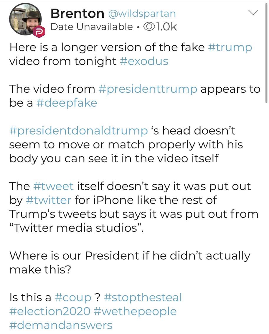 It looks like diehard Trump fans on Parler and other platforms think the President’s Twitter video last night is a deepfake as they refuse to accept he’s conceded the election.