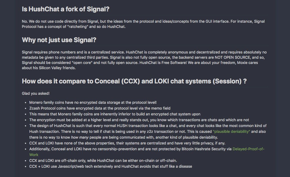 🤓 Is HushChat a fork of <a href="/signalapp/">Signal</a> code?

😇 Why not just use Signal?

🤠 How does $HUSH chat features compare to $LOKI and $CCX "blockchain chat" ?

HushChat has superior privacy because we use the latest available privacy tech, unlike anybody else. hush.is/hushchat/