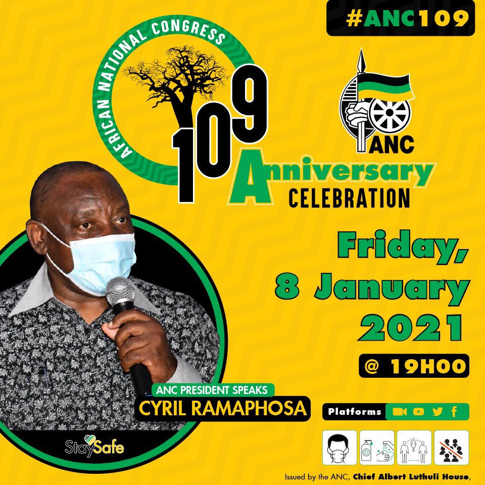 ANCMPUMALANGA's tweet photo. ANC President Cde #CyrilRamaphosa to address #ANC109 celebration on virtual platforms
Date: Friday 08/01/2021
Time: 19:00
#StayAtHome #Covid_19SA #ProtectYourself #DefendEachOther #LetsDoItTogether #FlattenTheCurve https://t.co/6EPw9xjPYd