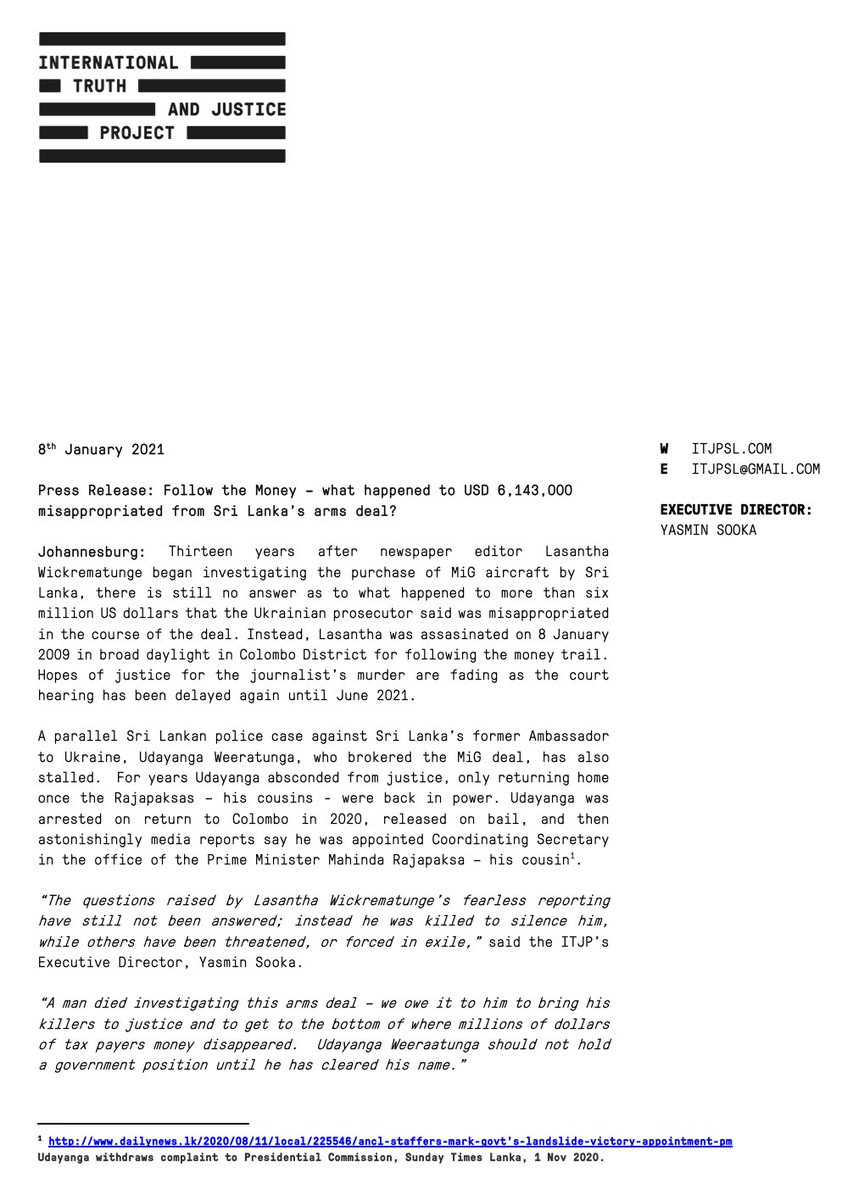 itjpsl's tweet photo. PRESS RELEASE: https://t.co/9Wap7fZzoI

The questions raised by #srilanka #journalist Lasantha Wickrematunge’s fearless reporting on the MiG deal still not answered 12 years after his assassination. Today marks his death anniversary. https://t.co/B7AsIxTyU5