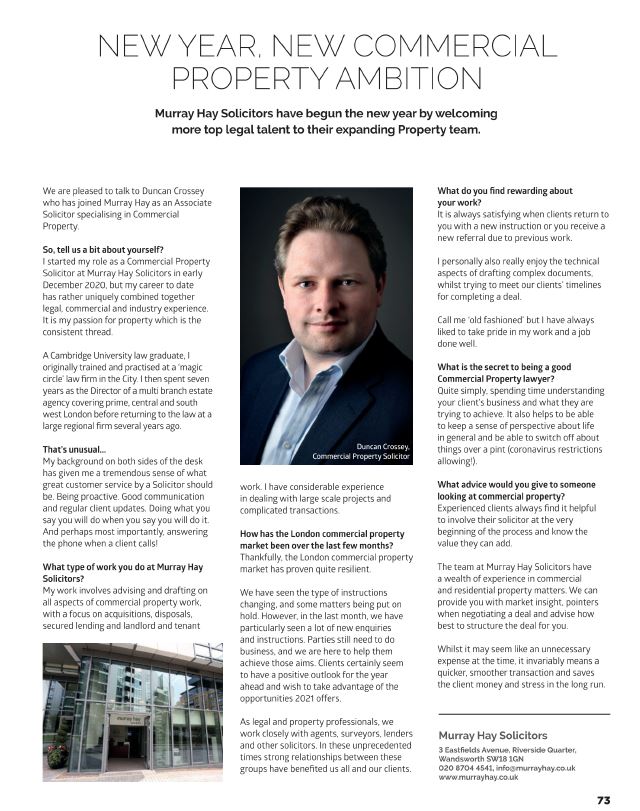 DuncanCrossey's tweet photo. As now being seen in South West London and Surrey... I was delighted to speak to Time &amp; Leisure for this month's magazine about joining Murray Hay Solicitors and growing their Commercial Property practice. New Year, New Ambition! https://t.co/BfsS6MQzx9