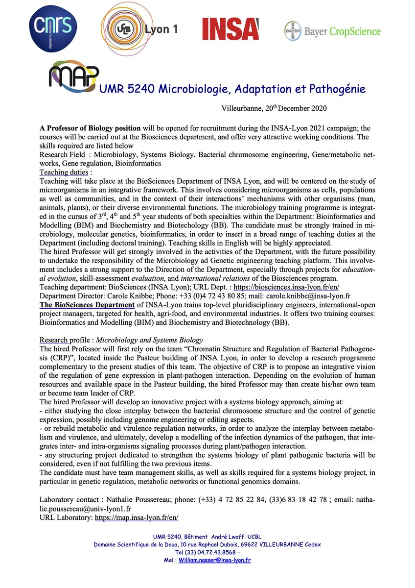 MAP_UMR5240's tweet photo. A position of professor will be opened this year for recruitment  in the lab 🔽.
Research Field : Microbiology, Systems Biology, Bacterial chromosome engineering, Gene/metabolic networks, Gene regulation, Bioinformatics. https://t.co/J3BGNrDxxU