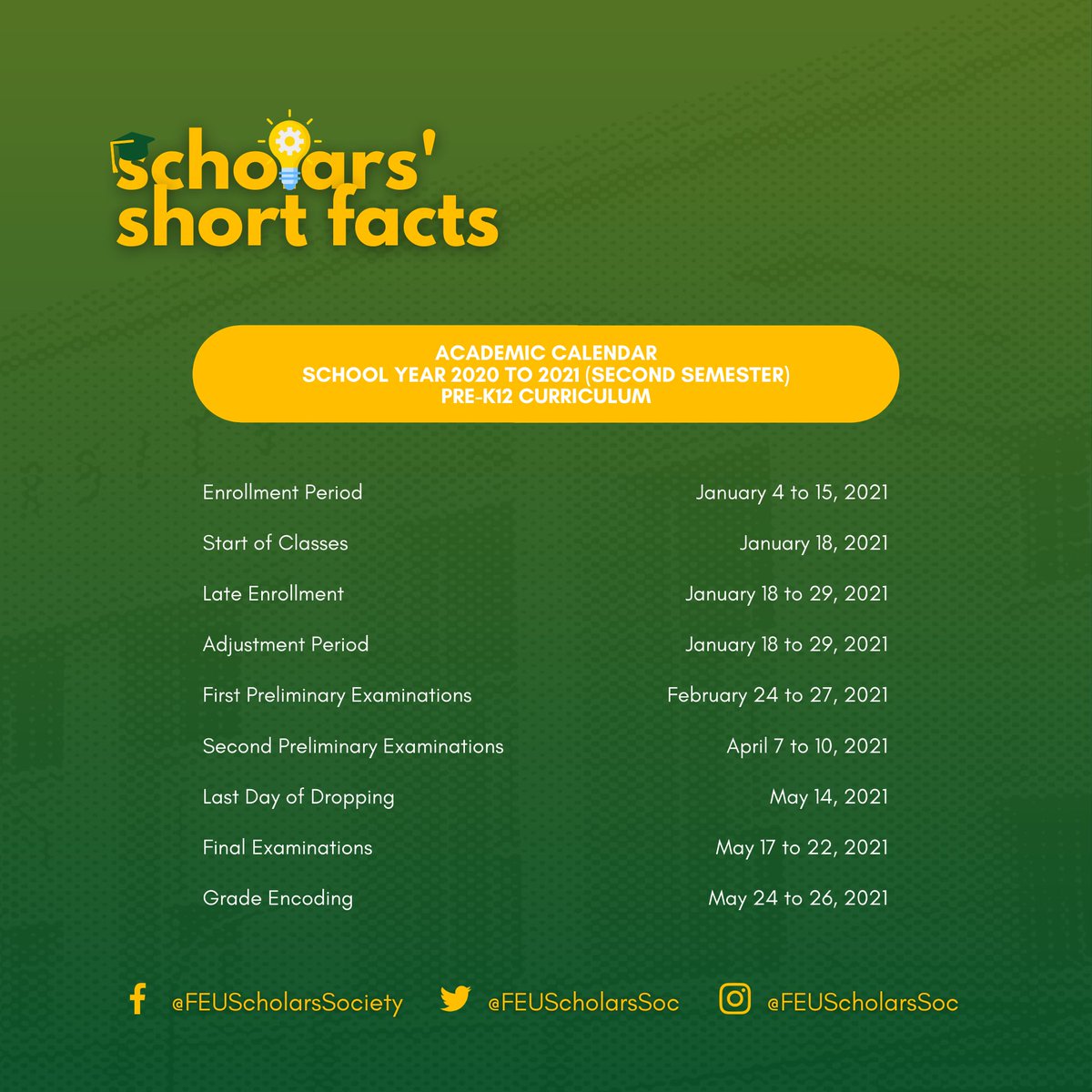 Tamaraw Scholars! 

Here are the important dates and guidelines to remember for the Second Semester, A.Y. 2020-2021.

Continue to nurture the TamScholar in you as you finish this semester strong. Good luck, FEU Scholars!

#SecondSemester
#TamScholar