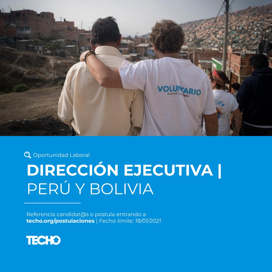 🔎 #OportunidadLaboral

Estamos en la búsqueda de la nueva Dirección Ejecutiva para #Perú 🇵🇪 y #Bolivia 🇧🇴

¿Te interesa participar? ¿Conoces a alguien a quien le pueda interesar? Más información y postulaciones en ➜ techo.org/postulaciones