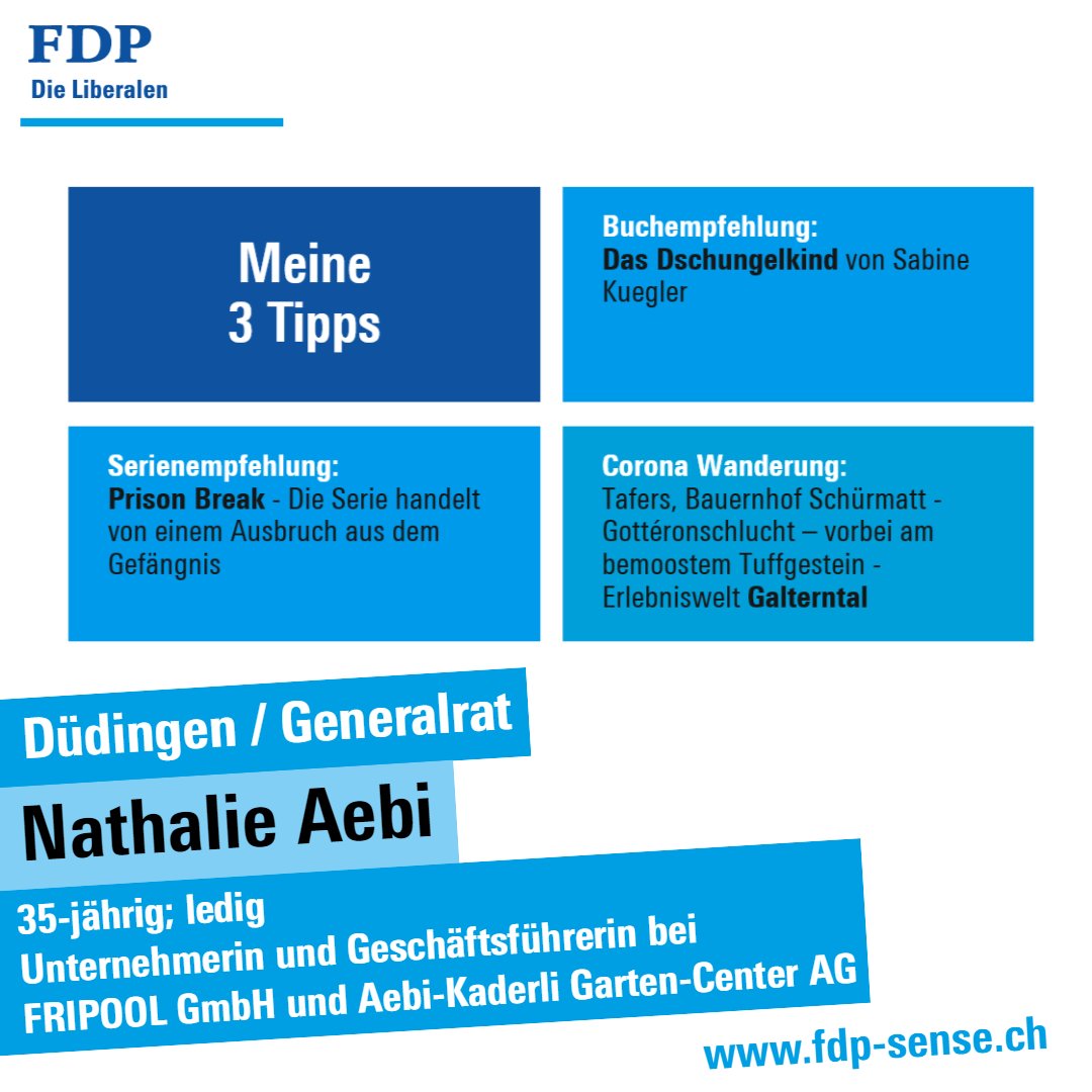 FdpSense's tweet photo. Nathalie Aebi ist Generalratskandidatin in Düdingen #fdpsense #wahlen21 #generalrat #duedingen https://t.co/XDwggj4ce3