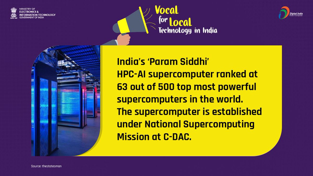 _DigitalIndia's tweet photo. #VocalForLocalTech | 'Param Siddhi' #AI system is a boon for Indian masses, start-ups & MSMEs in particular which will help strengthening the application development of packages, will also accelerate R&D for COVID-19 through faster simulations, medical imaging, etc. @cdacindia https://t.co/2Sae3MlrAa