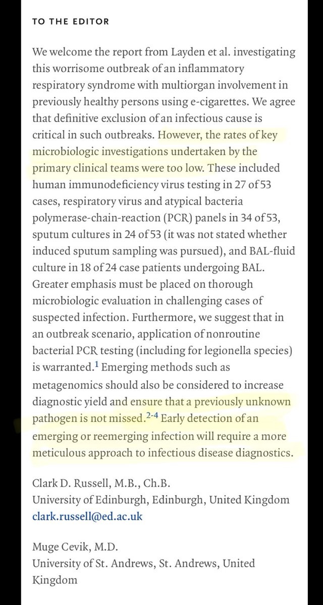 Concern regarding testing was raised in 11/19 in response to the Preliminary report on the first cluster outbreak in Wisconsin & Illinois. This letter to NEJM editor raises several concerns, including that testing wouldn’t identify an emerging pathogen: https://www.nejm.org/doi/full/10.1056/NEJMc1915111