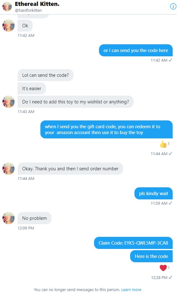 blakechan1989_2's tweet photo. Watch out this #scammer!!!      @hardforkitten

Sent gift card code then block me,  every seller should be aware!

#amazonreviewer  #Amazonreviews https://t.co/r9tdQa5fsB