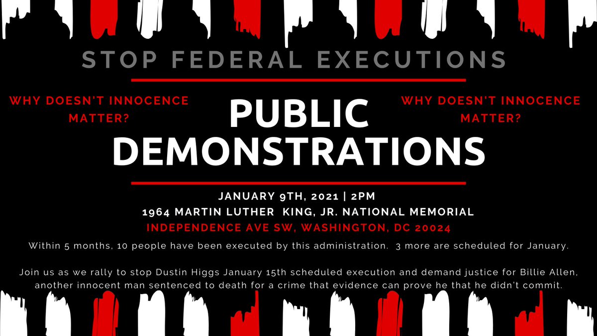 freebilliealle1's tweet photo. PLEASE JOIN US ON JANUARY 9TH, 2021 AS WE PEACEFULLY RALLY TO STOP #DUSTINHIGGS JANUARY 15TH  SCHEDULED EXECUTION.  #SAVEDUSTINHIGGS https://t.co/i0ge3o3AJi