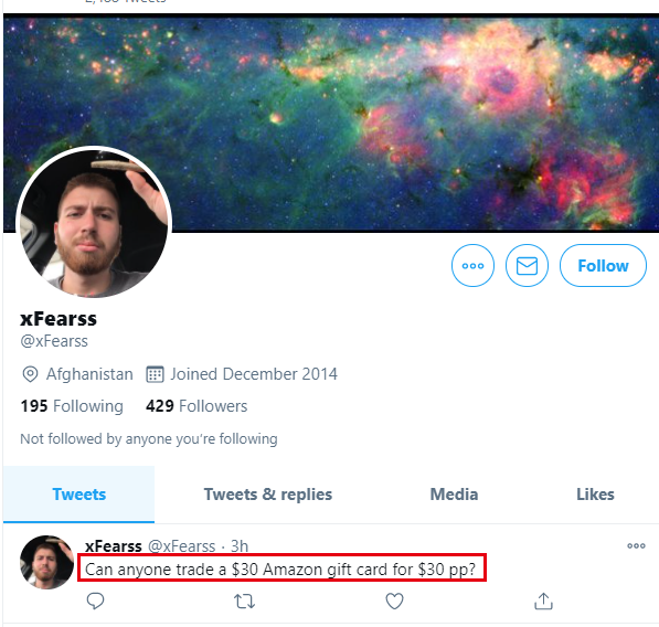 blakechan1989_2's tweet photo. Watch out this #scammer!!!      
@xFearss

Sent gift card code then no response, tried to exchange the gift card to Paypal money, every seller should be aware!

#amazonreviewer  #Amazonreviews https://t.co/7oXk5tvDnu
