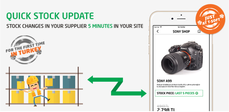 ihracat_e's tweet photo. With ‘QUICK STOCK UPDATE’ feature, T-Soft updates the stock amount data at 5 minutes’ frequency and eliminates the problem of the lack of the stock. 
Make a difference with T-Soft.
For more information;
https://t.co/D5yS72Fz6J
#ecommerce #site #shopping https://t.co/oCWhSF94Se
