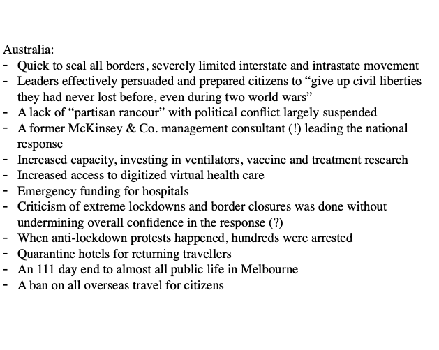 2/xSupposed successful strategiesTaiwan  https://www.wired.co.uk/article/taiwan-coronavirus-covid-response Australia  https://www.washingtonpost.com/world/asia_pacific/australia-coronavirus-cases-melbourne-lockdown/2020/11/05/96c198b2-1cb7-11eb-ad53-4c1fda49907d_story.htmlNew Zealand  https://www.bbc.com/news/world-asia-53274085